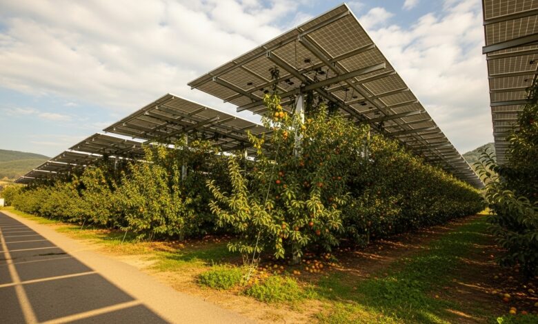 Instalación de agrovoltaica con paneles solares sobre un campo de cultivo. Imagen ilustrativa.
